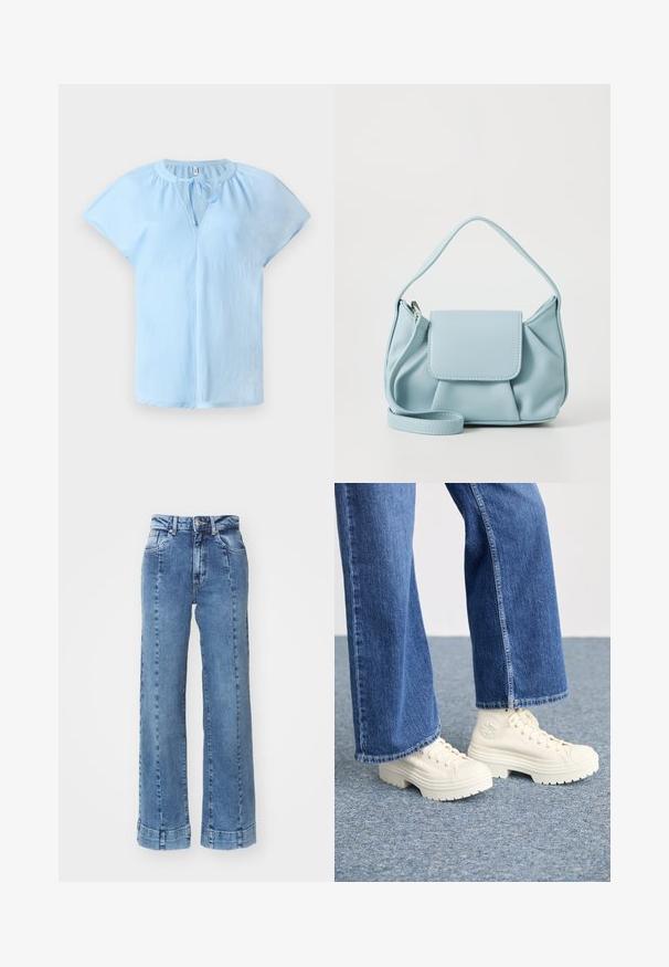 Light blue short-sleeve blouse with a round neckline and a tie detail at the front. Made from soft, lightweight fabric with a relaxed fit.; Light blue denim wide-leg jeans with a high waist, featuring front pockets and stitched detailing. The hem is rolled and sewn.; White high-top sneakers with thick, ridged soles and circular logo detail, worn with light blue, wide-leg denim jeans.; Light blue leather handbag with a top handle, front flap pocket, and detachable wrist strap on a white background.