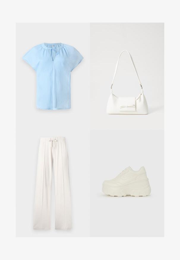 Light blue short-sleeve blouse with a round neckline and a tie detail at the front. Made from soft, lightweight fabric with a relaxed fit.; Light beige sweatpants made of soft fabric, featuring a drawstring waist, wide legs, and vertical seams, with a smooth texture.; White platform sneakers featuring a smooth leather-like upper, rounded shape, padded collar, and textured rubber sole with defined treads.; White synthetic handbag with a triangular shape, flat front flap and bow detail, adjustable strap, smooth texture, and minimalistic design.