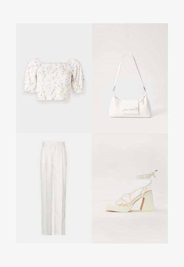 Hvid blomstret bluse med korte puffærmer, smocket liv og delikate blå og gule blomstermønstre over det hele.; Hvide stikstribede bukser med et lige ben-design, lavet af et let stof. Har foldninger foran og et traditionelt liv.; Hvide højhælede sandaler med en kraftig hæl, der har et stropdesign og ankelbinding. Glat tekstur med en platform foran for ekstra højde.; Hvid syntetisk håndtaske med en trekantet form, flad forsideklap og sløjfedetalje, justerbar strop, glat tekstur og minimalistisk design.