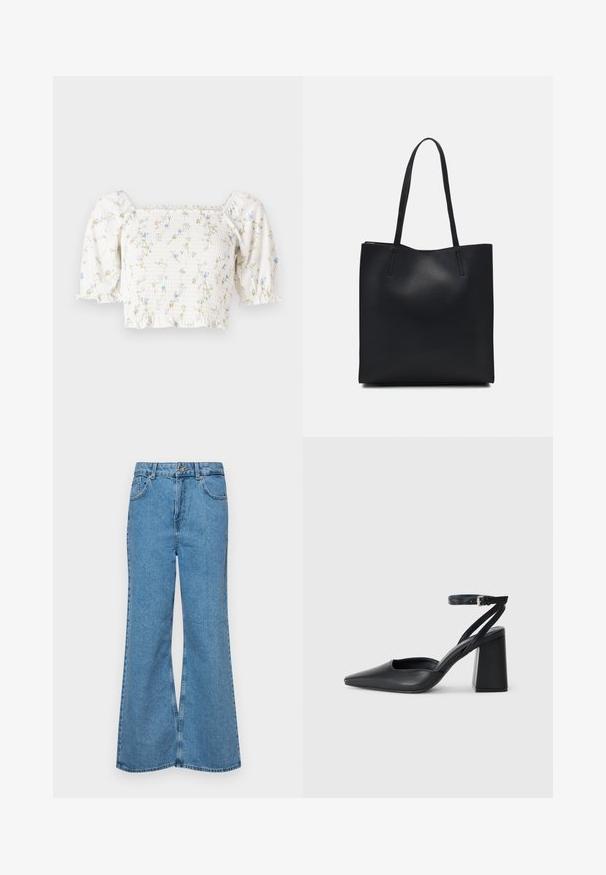 White floral blouse with short puff sleeves, smocked bodice, and delicate blue and yellow flower patterns throughout.; Light blue flared jeans made of denim, featuring a high waist, five pockets, and a single button closure. Soft texture with faded finish.; Black leather pointy-toe pump with an ankle strap and a chunky heel. Flat texture, sleek design, and minimalistic aesthetics.; Black leather tote bag with smooth texture, rectangular shape, and two long handles. No visible hardware or embellishments.