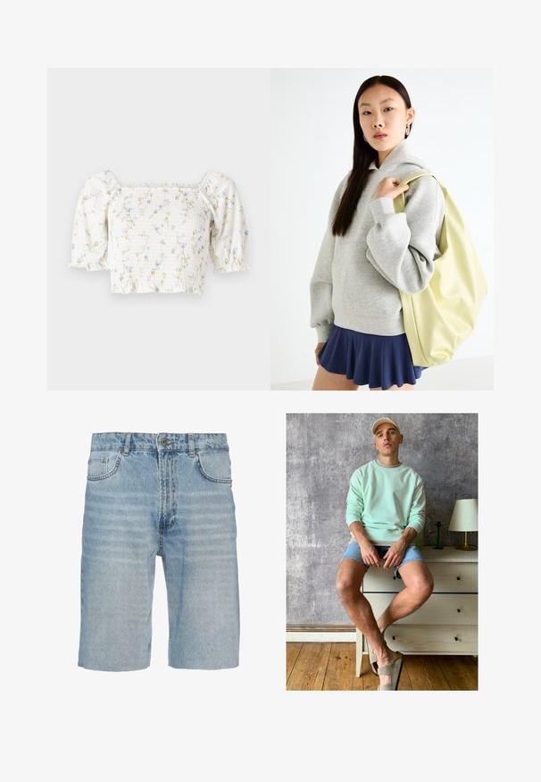 Valge lilleline pluus lühikeste täispuhutud varrukatega, smockitud rinnaosaga ning õrnade siniste ja kollaste lillemustertega üle kogu pinda.; Heledad sinised teksapüksid, millel on klassikaline viie tasku disain, nupupaneerimine, sirge lõige ja õrn pleekimise detail kangal.; Mündroheline sviiter, teksased lühikesed püksid ja oliivrohelised libisemisega kingad. Istub heledate toonidega kummutiga, mis on halli tekstureeritud seina vastu.; Hallukas halli kapuutsiga jakki, millel on kenguru tasku, sobitatud tumesinise lõhiku säärega seeliku juurde. Aksessuaar: suur heledast kollasest seljakotist, sile tekstuur.