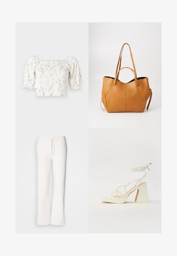 Hvid blomstret bluse med korte puffærmer, smocket liv og delikate blå og gule blomstermønstre over det hele.; Hvide, afslappede sweatpants lavet af blødt materiale, med elastisk talje og snor samt lige ben.; Hvide højhælede sandaler med en kraftig hæl, der har et stropdesign og ankelbinding. Glat tekstur med en platform foran for ekstra højde.; Tan læder tote taske med en tekstureret overflade, bred åbning og to lange håndtag. Har et enkelt design og minimal hardware.
