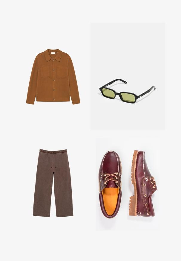 Cardigan marrone a costine con colletto, due tasche sul petto e chiusura con bottoni davanti. Texture morbida con vestibilità rilassata.; Pantaloni della tuta in cotone marrone con vita elastica, coulisse regolabile, gambe ampie e minimo dettaglio di cucitura.; Scarpe in pelle bordeaux con suole in gomma marrone, punta rotonda, cuciture bianche e occhielli dorati. L'interno presenta un rivestimento giallo.; Occhiali da sole neri con un design angolare, lenti verdi e montatura in plastica liscia. Presentano dettagli dorati sulle stanghette.