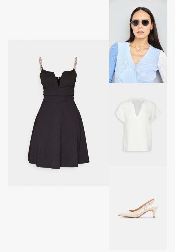 Haut blanc à manches courtes avec un décolleté en V, fabriqué dans un tissu texturé, présentant une coupe décontractée et des détails de coutures subtils.; Robe noire en A avec un décolleté en V plongeant et des bretelles spaghetti. Présente des accents en perles sur les bretelles et un corsage ajusté.; Talons aiguilles blanches à bride arrière avec un bout pointu, un dessus lisse, un petit talon carré et un design avec découpes latérales et sangle réglable.; Lunettes de soleil rondes avec verres sombres et monture en or. Le modèle porte un cardigan à côtes bleu clair avec des boutons et des manches blanches contrastantes.; Porte-monnaie Michael Kors en toile enduite beige avec un motif répété de logo MK, des accessoires en or et une bandoulière en chaîne amovible.