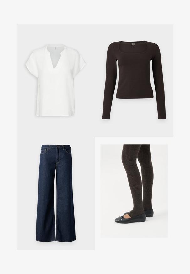Haut blanc à manches courtes avec un décolleté en V, fabriqué dans un tissu texturé, présentant une coupe décontractée et des détails de coutures subtils.; Haut noir à manches longues, ajusté, avec un décolleté carré, étiqueté GAP, affiché sur un fond blanc.; Jean large en denim bleu foncé. Présente des coutures contrastées, cinq poches et une fermeture par bouton à la taille. Texture lisse.; Chaussures plates noires avec un petit nœud au niveau des orteils, associées à des collants côtelés marron foncé. Les chaussures ont une texture lisse et un profil bas.