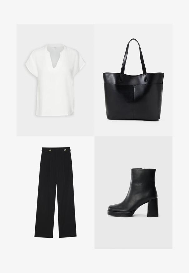 Top branco de mangas curtas com decote em V, feito de um tecido texturado, apresentando um corte descontraído e detalhes de costura subtis.; Calças largas pretas com cintura alta, detalhes em botão na cintura e pregas frontais.; Bota de couro preta até ao tornozelo com salto bloco e sola com plataforma, vista de lado sobre um fundo branco liso.; Bolsa tote preta em couro com duas alças longas, textura suave e forma estruturada. Apresenta um bolso frontal para armazenamento adicional.