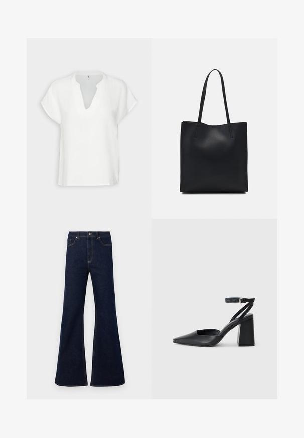 Weißes kurzärmliges Oberteil mit V-Ausschnitt, aus strukturiertem Stoff, mit einem entspannter Passform und subtilen Nahtdetails.; Dunkelblaue ausgestellte Jeans aus Denim mit hoher Taille, frontalen Taschen und goldenen Nähakzenten. Glatte Textur mit traditionellem Schnitt.; Schwarze Leder-Pumps mit spitzer Zehe, einem Knöchelriemen und einem blockigen Absatz. Flache Textur, elegantes Design und minimalistische Ästhetik.; Schwarze Laptoptasche aus Leder mit glatter Textur, rechteckiger Form und zwei langen Griffen. Keine sichtbaren Beschläge oder Verzierungen.