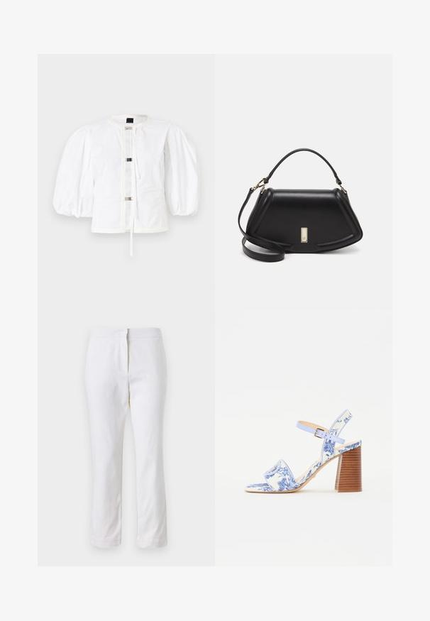 Giacca bianca con maniche a sbuffo, dalla linea dritta, con chiusura anteriore con fibbie metalliche e scollatura rotonda. Tessuto di cotone liscio.; Pantaloni bianchi in cotone con design a gamba dritta, caratterizzati da una vita a media altezza e senza hardware o motivi visibili. Tessuto liscio su tutta la superficie.; Sandal con stampa floreale blu, con punta quadrata, una larga fascia e una cinghia alla caviglia regolabile, dotata di un tacco a blocco in legno texturizzato.; Borsa a mano in pelle nera con un design strutturato, caratterizzata da una forma corta, manico superiore e accessori in metallo dorato. Inclusa tracolla regolabile.
