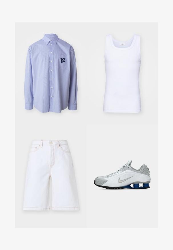 Camisa de manga larga a rayas azules y blancas hecha de algodón. Cuenta con un cuello abotonado y un bolsillo en el pecho con un logo en navy.; Camiseta sin mangas de algodón blanca con escote redondo, que presenta una textura suave y una forma ajustada, diseñada para el uso casual.; Bermudas de mezclilla blanca con corte recto, cinco bolsillos y costuras en color tostado contrastante. Incluye un cierre frontal con botón y cremallera.; Zapatilla de running Nike en blanco y gris con el swoosh plateado, unidades de suela azul en forma de resorte y banda de rodadura negra sobre un fondo liso.
