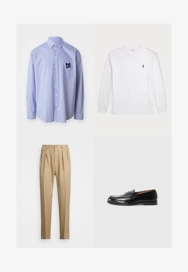 Blue and white striped long-sleeve shirt made from cotton. Features a button-down collar and a chest pocket with a navy logo.; White long-sleeve T-shirt made of cotton. Features a round neckline, ribbed cuffs, and a small navy blue polo logo on the left chest.; Beige linen trousers with a straight cut, featuring two front pleats, a button closure, and side pockets. Textured fabric with a smooth finish.; Leather loafers in black with a smooth finish, rounded toe, decorative stitching, and a small metal accent on the front.
