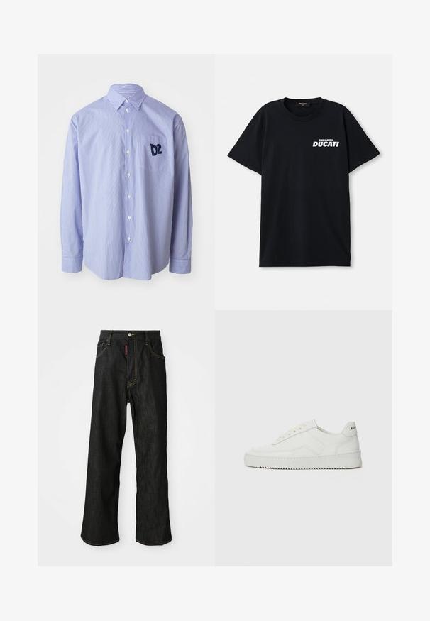 Mėlynos ir baltos juostelės ilgomis rankovėmis marškiniai, pagaminti iš medvilnės. Turi klostomą apykaklę ir krūtinės kišenę su tamsiai mėlyna logo.; Juodas medvilnės marškinėlis su trumpomis rankovėmis, su baltu „DSQUARED2 DUCATI“ logotipu kairėje priekyje. Apvalaus ypatingo dizaino apykaklė.; Juodos tiesios kojos džinsai su geltonu siūleliu, penkių kišenių dizainas, mygtuko užsegimas ir mažas raudonas ženkliukas priekinėje dešinėje kišenėje.; Balti odiniai sportiniai bateliai su lygia apdaila, apvaliu pirštu, plokščiais raišteliais ir tekstūruotu padu. Pasižymi subtiliu logotipu ant kulno.