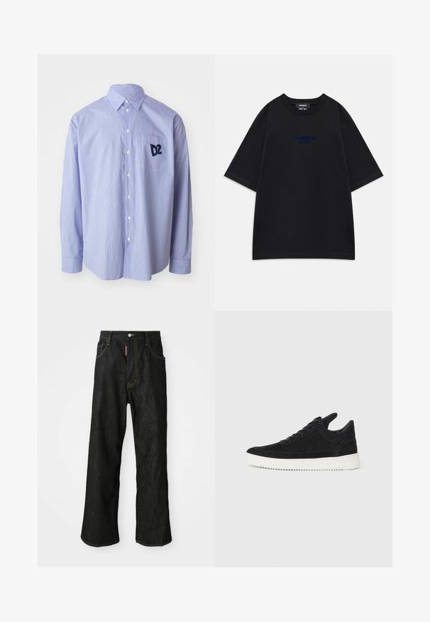 Blauw-wit gestreepte langemouwen shirt van katoen. Heeft een button-down kraag en een borstzak met een marineblauw logo.; Zwarte oversized T-shirt met korte mouwen, ronde hals en kleine blauwe tekst "DSQUARED2 MILANO" op de borst.; Zwarte rechte jeans met gele stiksels, vijf zakken, knoopsluiting en een klein rood etiket op de rechter voorzak.; Zwarte suède sneakers met een witte rubberen zool, voorzien van tonale stiksels en een vetersluiting. Glad oppervlak met een moderne, gestroomlijnde vorm.