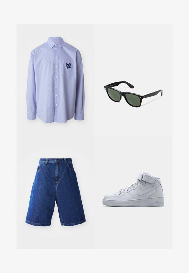 Plava i bijela prugaasta košulja dugih rukava napravljena od pamuka. Ima ovratnik s dugmadi i džep na prsima s mornarskom logom.; Traperice kratke hlače s plavim pranjem, visokog struka, s dva prednja džepa i žutim šavovima.; Sivi visokoprofilni Nike Air Force 1 tenisice s kožnom gornjom površinom, podstavljenim ovratnikom i Velcro trakama. Ikonični dizajn sadrži perforirane prednje dijelove.; Crne plastične sunčane naočale s zelenim staklima, kvadratni okviri, srebrni naglasak na obrvi i teksturirane ručke. Naziv brenda naveden na unutrašnjoj strani ručke.