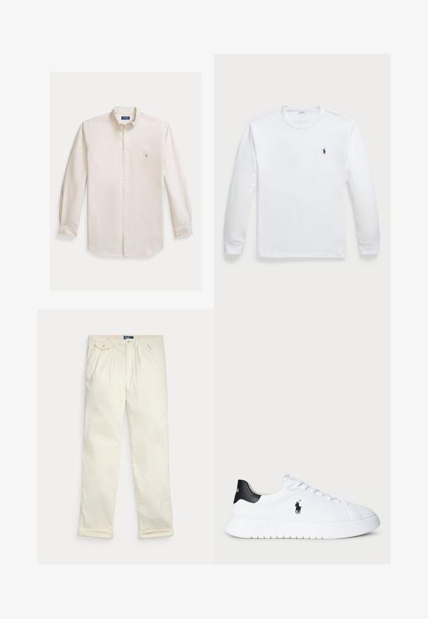Langermet skjorte med knapper i kremfarget bomullsstoff. Har spredt krage og en liten brodert logo på brystet. Klassisk passform.; Langermet hvit T-skjorte laget av bomull, med rund hals og en liten marineblå logo på venstre bryst. Glatt tekstur, enkelt design.; Kremfargede kordfløyelsbukser med folder, sidelommer, knapplomme med klaff og brettede mansjetter, lagt flatt på hvit bakgrunn.; Hvit lavt beskåret sneaker med svart hælflik og svart Polo Ralph Lauren-logo på siden, med hvite lisser og tykk gummisåle.