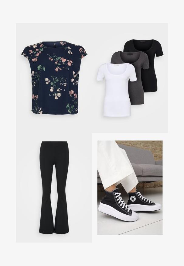 Marinebluse med blomsterprint i pink og grøn. Har korte ærmer og rund halsudskæring, lavet af letvægtsstof.; Tre tætsiddende T-shirts i hvid, grå og sort. Hver af dem har en bred scoop-udskæring og korte ærmer. Fremstillet af glat, strækbart stof.; Sorte flagrende bukser lavet af strækbart stof, med en høj talje og en glat tekstur. Bukserne flared fra knæet.; Sorte høj-top sneakers i lærred med hvide gummisåler og snørebånd. Har et rundt logo på siden og kontrasterende hvide syninger.