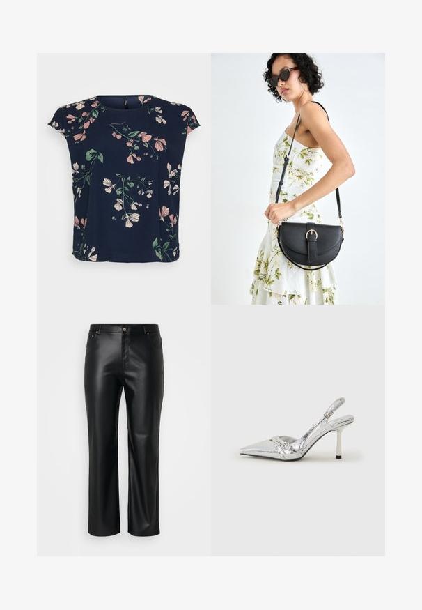 Jūras zila blūze ar ziedu rakstu rozā un zaļā krāsā. Ievērojamas īsas piedurknes un apaļa izgriezne, izgatavota no viegla auduma.; Melnas mākslīgās ādas bikses ar taisnu griezumu, ar jostas cilpām, priekšpogu kabatām un rāvējslēdzēju ar pogu aizdari. Gluda tekstūra.; Sudraba slingback augstpapēžu kurpe ar norādītu purngalu, metālisku apdari, diviem dekoratīviem siksniņām un plānu papēdi ar melnu galu.; Melnas ādas rokassoma ar izliekta formu, noņemamu siksnu un zelta aksesuāriem. Somai ir vāciņš ar sprādzes detaļu.