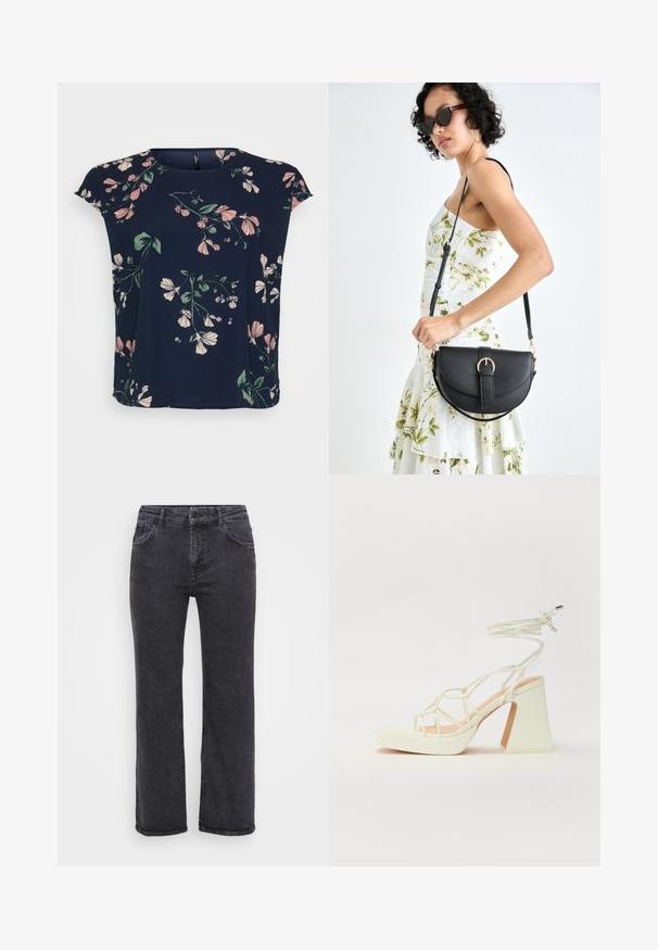 Merimekko tummansininen pusero, jossa on vaaleanpunaisia ja vihreitä kukkakuoseja. Puserossa on lyhyet hihat ja pyöreä pääntie, ja se on valmistettu kevyestä kankaasta.; Mustat farkut suoranlahkeisella muotoilulla, viidellä taskulla ja napilla suljettuna. Kangas on hieman haalistunut ja siinä on tukevat ompeleet.; Valkoinen korkokenkä, jossa on paksu korko, ja joka sisältää nauhakiinnityksen ja nilkkaketjun. Sujuva pinta, jossa on platform-etupohja lisäkorkeutta varten.; Musta nahkainen käsilaukku, joka on kaareva muotoilultaan, irrotettavalla hihnalla ja kultaisilla yksityiskohdilla. Laukussa on läppä, jossa on solk yksityiskohta.