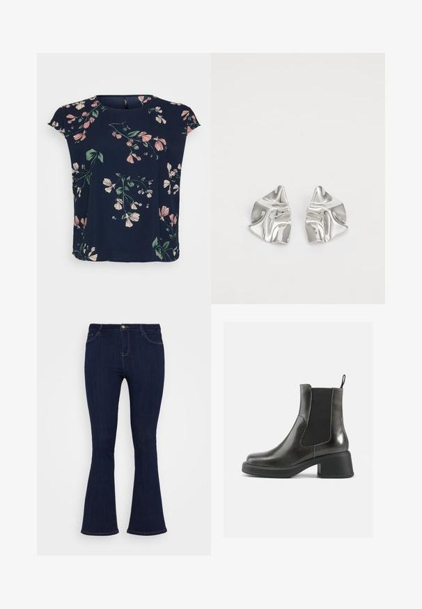 Jūrine bluzonė su rožių raštu rožinės ir žalios spalvos. Turi trumpas rankoves ir apvalią iškirptę, pagaminta iš lengvos medžiagos.; Tamsiai mėlynos, aukštu liemeniu džinsinės kelnės, liekninančios šlaunis ir šiek tiek platėjančios apačioje, turinčios priekinės kišenes ir mygtuko užsegimą.; Juodos odinės kulkšninių botai su lygia apdaila, elastingais šonais ir storu kulnu. Yra vilkimo kilpa, skirta patogesniam apsiaustui.; Sidabriniai metaliniai Auskarai su banginiu, skulptūriniu dizainu, pasižymintys poliruotu paviršiumi ir nereguliariomis formomis, išryškinančiomis šiuolaikišką estetiką.