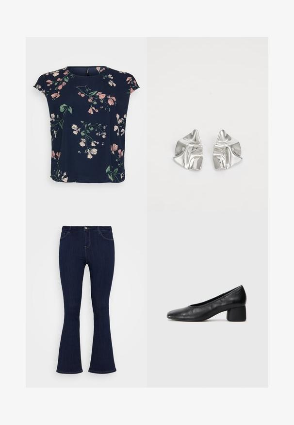 Granatowa bluzka w kwiatowy wzór w odcieniach różu i zieleni. Posiada krótkie rękawy oraz okrągły dekolt, wykonana z lekkiego materiału.; Ciemnoniebieskie dżinsy z wysokim stanem, dopasowane w udach z delikatnym rozszerzeniem u dołu, z kieszeniami z przodu i zapięciem na guzik.; Czarne skórzane szpilki z zaokrąglonym noskiem i średnim obcasem. Gładka tekstura z minimalnymi detalami, z subtelnym elastycznym wykończeniem.; Srebrne metalowe kolczyki o falistym, rzeźbiarskim wzorze z polerowanym wykończeniem i nieregularnymi kształtami, podkreślające nowoczesny estetykę.