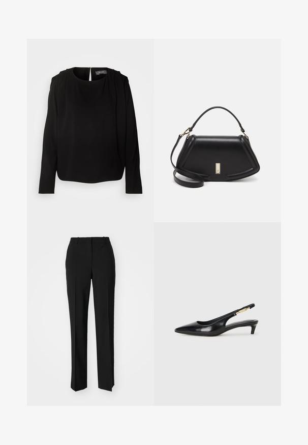 Blusa nera con maniche lunghe, colletto rotondo e dettagli plissettati sulle spalle. Presenta una zip nascosta sul retro e un tessuto morbido e liscio.; Pantaloni neri su misura con un design a gamba dritta, caratterizzati da una texture liscia e pieghe ben definite sul davanti. Senza hardware visibile.; Tacchi slingback in pelle nera con punta affusolata, caratterizzati da un tacco alto e un accento dorato sulla cinghia regolabile. Texture liscia.; Borsa a mano in pelle nera con un design strutturato, caratterizzata da una forma corta, manico superiore e accessori in metallo dorato. Inclusa tracolla regolabile.