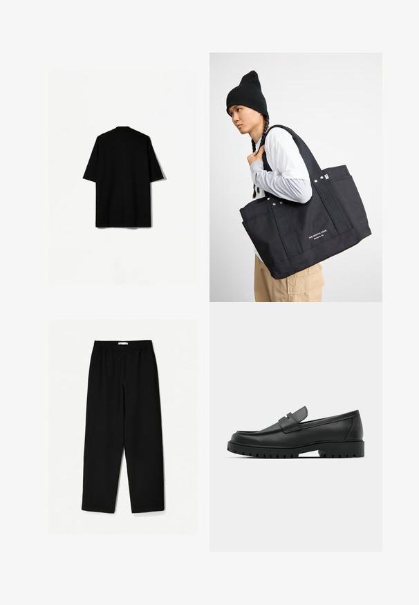 Cămașă neagră cu mânecă scurtă, cu un croi relaxat, material texturat și guler. Spatele prezintă un design fără cusături, fără operațiuni vizibile de coasere.; Pantaloni negri, largi, confecționați dintr-un material ușor. Au o talie elastică și o textură netedă. Fără modele vizibile sau accesorii metalice.; Mocasini din piele neagră cu vârful rotunjit, având un design cusut, talpă joasă și o talpă din cauciuc texturat, cu crampoane.; Geantă de pânză neagră, cu două mânere rezistente, dotată cu accente metalice și buzunare frontale. Brandingul este afișat cu text alb în partea de jos.