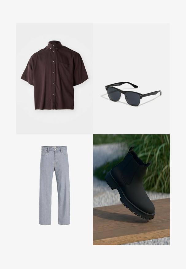 Short-sleeve, collared shirt in deep burgundy. Features buttons down the front and a single chest pocket. Smooth fabric with a relaxed fit.; Light blue denim jeans with a relaxed fit, straight leg design, visible stitching, two front pockets, and a button closure.; Black ankle boot with a smooth finish, elastic side panels, and a thick, rugged sole. Set against a natural backdrop on a wooden surface.; Black sunglasses with a rectangular shape, dark lenses, silver accents at the temples, and a matte finish on the frame.