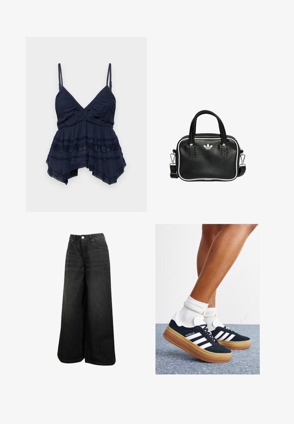 Hollister Co. BARE SHOWSTOPPER BABYDOLL - Top - navy; Vaqueros de mezclilla negros de pierna ancha con cintura alta, botón frontal, bolsillos y un sutil logo en el bolsillo delantero.; Zapatillas deportivas de gamuza negra con rayas y detalles blancos, puntera redondeada, suela de goma color caramelo, combinadas con calcetines blancos acanalados a la altura del tobillo.; Bolso de mano de cuero negro con dos asas cortas, herrajes plateados, detalles en blanco y un logotipo blanco. Presenta una superficie texturada y un diseño compacto.; Pendientes en tono dorado que presentan formas texturizadas y onduladas. Incluyen aros de clip esculturales y un diseño de aro abierto con un acabado martillado.