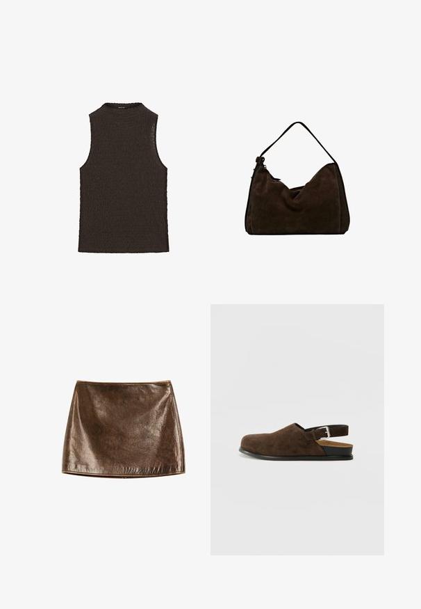 Brun ærmeløs top med en tekstureret bølget design og høj hals, fremstillet af et fleksibelt strikstof.; Brun metallisk miniskirt med en glat, skinnende overflade. Har et enkelt design og rene linjer, med en lige kant i bunden.; Brune ruskinds slip-on sko med lav hæl, en justerbar rem med en sølv spænde og en sort gummisål.; Brun ruskinds hobo taske med en blød, slasket form, der har en enkelt skulderrem og en subtil sømdetalje langs kanterne.