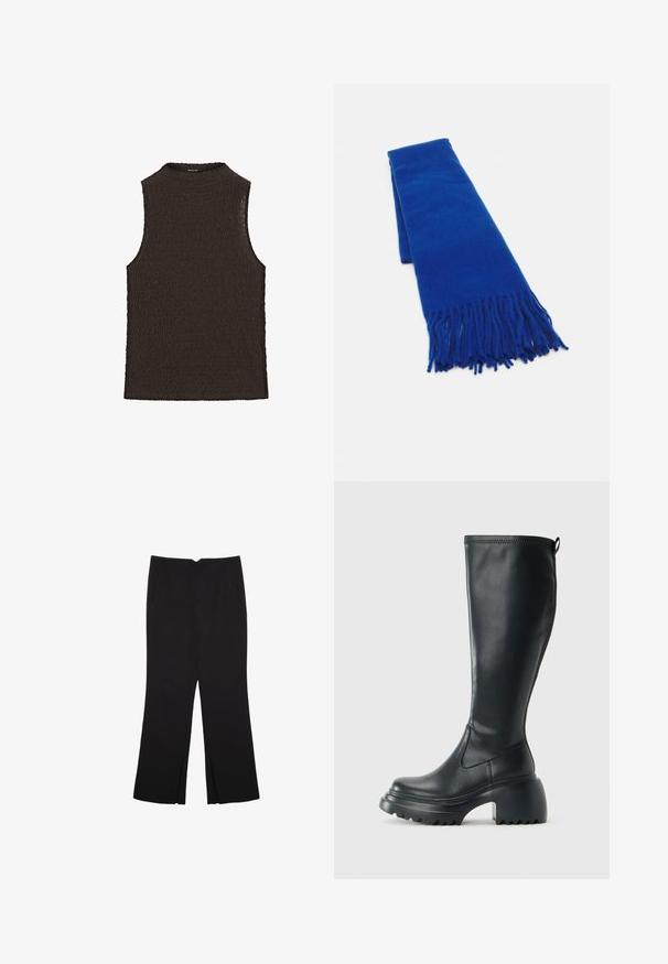 Brun ærmeløs top med en tekstureret bølget design og høj hals, fremstillet af et fleksibelt strikstof.; Sorte bukser med lige pasform, der har frontlommer og slidser i kanten. Lavet af blødt, glat stof. Velegnet til forskellige anledninger.; Høj sort læderstøvle med kraftig platformssål og blokhæl, med trækstrop og tekstureret sål.; Blå vævet tørklæde med frynser i enderne, glat struktur, rektangulær form og en ensartet farve hele vejen igennem. Velegnet til koldt vejr.; Sort læder tote taske med glat tekstur, rektangulær form og to lange hanke. Ingen synlig hardware eller udsmykninger.