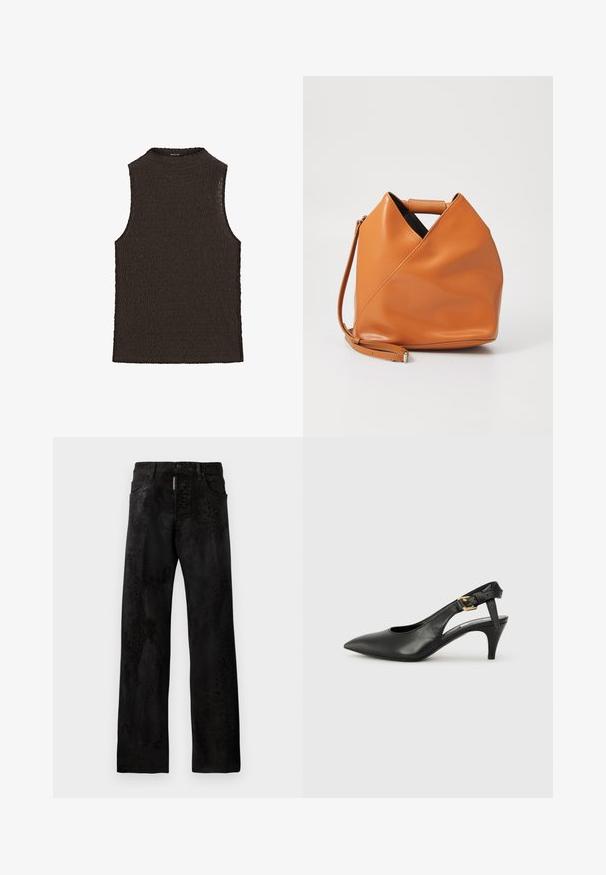 Bruine mouwloze top met een gestructureerd golvend ontwerp en hoge hals, vervaardigd uit een flexibele breigoed.; Zwarte denim jeans met een rechte pijp, voorzien van een subtiele dierenprint, vijf zakken en een knoopsluiting.; Zwarte leren slingback pump met een puntige neus, kleine hak en een gesp detail op de enkelband. Glad textuur, minimalistisch ontwerp.; Tan leren handtas met uniek driehoekig vouwontwerp, bovenhandvat en afneembare schouderriem op een witte achtergrond.