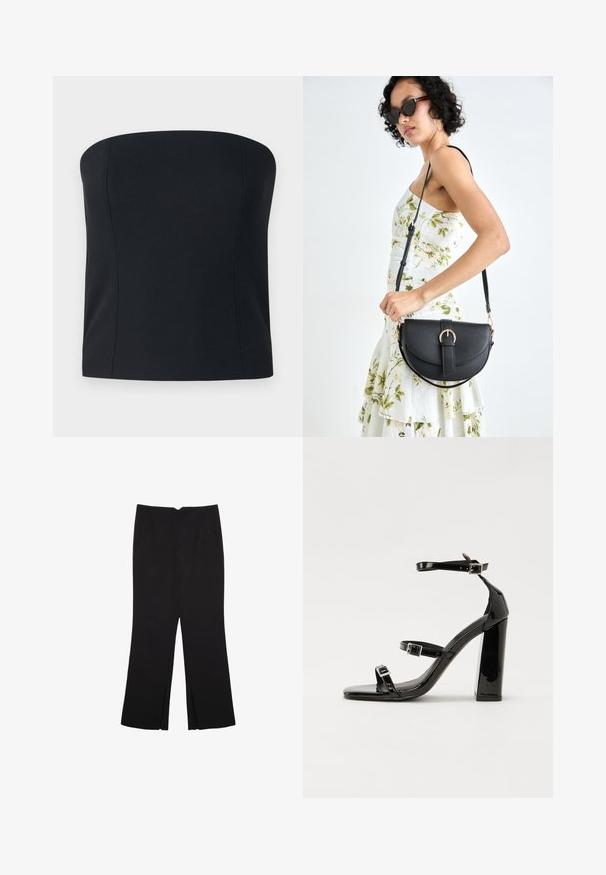 Čierny top bez ramienok s priliehavým strihom, vyrobený z hladkej, elastickej látky bez viditeľných švov. Jednoduchý, elegantný silueta.; Čierne nohavice so strihom rovného strihu, s prednými vreckami a bočnými rozparkami na leme. Vyrobené z mäkkej, hladkej tkaniny. Vhodné na rôzne príležitosti.; Čierne lakované sandále na podpätku so štvorcovou špičkou, navlečenými remienkami okolo členku a striebornými prackami. Disponujú masívnym blokovým podpätkom pre stabilitu.; Čierna kožená kabelka s zaobleným tvarom, odnímateľným popruhom a zlatými doplnkami. Kabelka má klopu s detailom s prackou.
