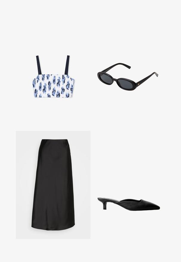 Prążkowany krótki top w białej bazie z niebieskim kwiatowym wzorem, z cienkimi granatowymi ramiączkami i wyraźnym kształtem. Materiał wydaje się miękki.; Czarna satynowa spódnica midi o gładkiej fakturze, w kształcie litery A i subtelnym połysku. Posiada elegancki, prosty fason bez zdobień.; Czarne skórzane klapki na obcasie z wysmuklonym noskiem, otwartym tyłem i niskim blokowym obcasem. Gładka tekstura o minimalistycznym designie.; Czarne, oversize okulary przeciwsłoneczne z owalnymi soczewkami, gładkim plastikowym mostkiem i złotymi akcentami na zausznikach. Ciemne soczewki zapewniają ochronę przed słońcem.; Złota torebka worek z cekinami, z okrągłym uchwytem, ozdobiona błyszczącymi okrągłymi cekinami oraz teksturowanym materiałem. Wymiary nie są podane.