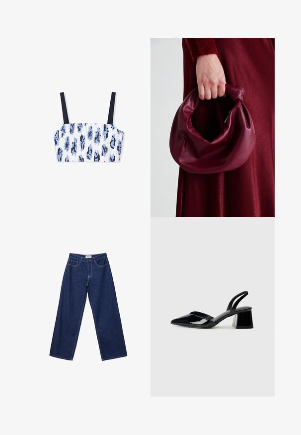 Crop top a coste con base bianca e motivo floreale blu, dotato di sottili spalline blu navy e forma strutturata. Il tessuto sembra morbido.; Jeans in denim blu scuro a gamba larga con chiusura a bottone, cinque tasche e cuciture bianche a contrasto. Il tessuto ha una finitura liscia e leggermente texturizzata.; Décolleté in vernice nera con punta affusolata e tacco in geometria cubica. Presentano un design elegante e minimalista, con una texture liscia.; Borsa in pelle bordeaux con un design morbido e arricciato e una forma arrotondata. Il manico è fissato, mostrando una texture liscia.