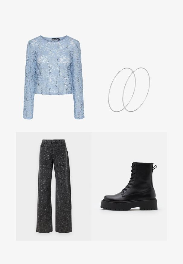 Svjetloplava čipkasta majica s dugim rukavima, ukrašena sjajnim detaljima i okruglim izrezom. Krojena u skraćenom siluetu za priljubljen izgled.; Noisy May NMJANNEL LOOSE - Široke kavbojke - black denim; Črne usnjene gležnjarje z okroglo konico, vezalnim sprednjim delom in debelim gumijastim podplatom z teksturiranim profilom. Zanka na hrbtni strani.; Srebrne uhane v obliki obroča z minimalističnim dizajnom. Krožna oblika, gladka tekstura in tanek profil. Lahki s poliranim zaključkom.