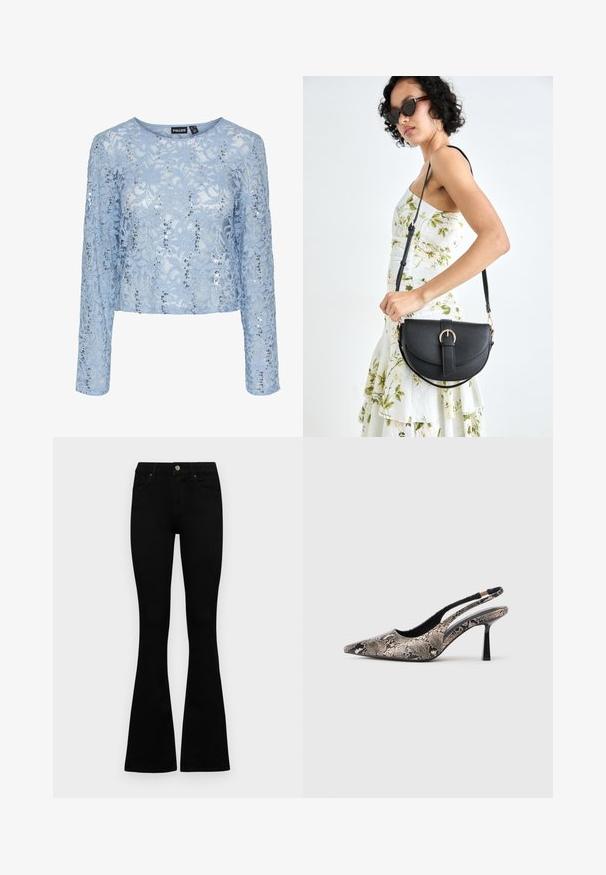 Svijetloplava čipkana majica s dugim rukavima, ukrašena strasom i s okruglim izrezom. Krojena u skraćenom obliku za prilagodljiv izgled.; Crne traperice viskog struka s kopčanjem na gumb i rajfeslusu, prednjim džepovima i širom nogavicama položene su ravno na bijeloj pozadini.; Cipele s otvorenom petom i špicastim prstom izrađene od teksturiranog materijala sa uzorkom zmijske kože, s tankim crnim potplatom i izrezanim dizajnom sa strane.; Crna kožna torba s lukovitim oblikom, odvojivim remenom i zlatnim detaljima. Torba ima preklop s kopčom.