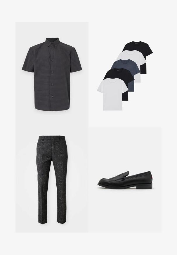 Čierna košeľa s krátkym rukávom, vyrobená z ľahkej tkaniny, s jemným vzorom malých bielych a farebných bodiek.; Sada piatich tričiek v čiernej, bielej a námorníckej modrej farbe. Bavlnený materiál, krátke rukávy, dizajn s okrúhlym výstrihom a hladká textúra bez vzorov.; Tmavo šedé nohavice s embosovaným kvetinovým vzorom, prispôsobený strih, rovné nohy a hladká textúra. Obsahujú štandardný pás.; Čierne kožené loafers s hladkým povrchom, zaoblenou špičkou a malým dekoratívnym klapom. Vlastnosti zahŕňajú nízky vrstvený podpätok a decentný branding.