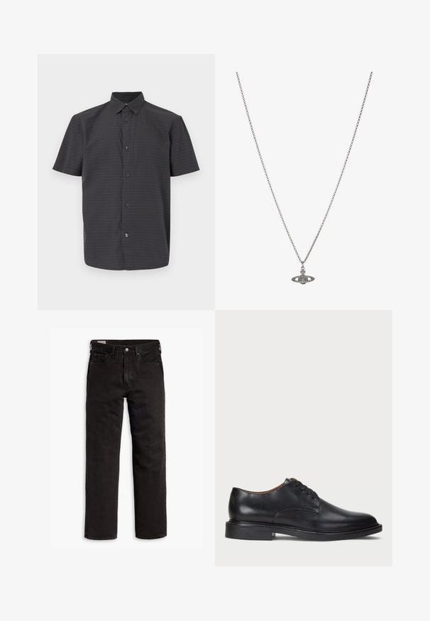 Kratka črna srajca s kratkimi rokavi iz lahkega materiala, ki ima subtilen vzorec majhnih belih in barvnih pik.; Črna bombažna majica s kratkimi rokavi in krožnim izrezom. Ima diskreten logo na sprednji strani in raven rob. Preprost in minimalističen dizajn.; Črne kavbojke ravnega kroja z žepi, gumbnim zapiranjem in zankami za pas, ležijo položene na belem ozadju.; Črne usnjene oblečne čevlje s krožno konico, zavezovanje z vezalkami in nizko plastiko. Gladka tekstura z minimalnimi šivi.; Srebrna verižica z obeskom v obliki planeta, okrašena z majhnimi detajli in zapletenimi vzorci.
