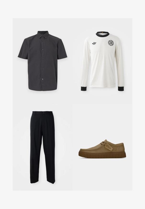 Mustat lyhythihaiset nappipaidat, jotka on valmistettu kevyestä kankaasta ja joissa on hienovarainen kuvio pienistä valkoisista ja värillisistä pisteistä.; Valkoinen pitkähihainen jalkapalloilupaita, jossa on ribbikuvio, musta kaulus ja hihansuut, musta Adidas-logo ja pyöreä graafinen emblem.; Mustat suorat housut vyön lenkeillä, nappisuljenta ja siisti, minimalistinen muotoilu neutraalilla taustalla.; Vaaleanruskeat mokkakengät, joissa on pyöreä kärki, ommeltuja yksityiskohtia ja uritettu ruskea kumipohja. Kengissä on myös sivulappu, jossa on "Clarks"-logo.