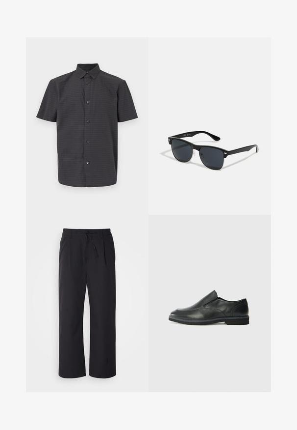 Lühikeste varrukatega must nööbiga särk, mis on valmistatud kergest kangast ja millel on peen mustri väikestest valgetest ja värvilistest punktidest.; Laiad püksid tekstuuriga mustast kangast, millel on paeltega vöö, kahe esiosa tasku ja sirge lõikega disain.; Must musta laia suuga king, millel on sile ülemine osa, õmmeldud detailid, ümmargune nina ja madal kummist konts. Tallal on minimaalne mustr.; Mustad mustmikrooni kujuga mustad prillid, tumedate klaasidega, hõbedased detailid templite juures ja mati viimistlusega raam.