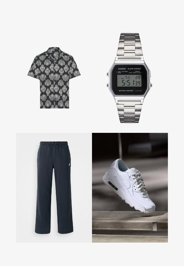 Lühikeste varrukatega särk tumesinises kangas, millel on kreemjas lille- ja paisley-muster, krae ja nööbiga esiosa.; Tumesinine puuvillane T-särk ümmarguse kaelusega ja lühikeste varrukatega. Vasakul rinnal on valge Nike logo ja sirge äär.; Tumedast meresinised dressipüksid elastse vöökoha ja nööriga. Valmistatud pehmest kangast, vasakul puusal väike valge logo.; Valge nahast tennisete õhustuskujuga pinnad, pehmendustega krae ja nähtav õhuklapp tallas. Omab paelu ja minimaliseeritud disaini.; Digitaalne Casio kell musta näo, hõbedase roostevabast terasest rihmaga, ristküliku kujuline korpus ning nupud valguse, ringi nullimise ja režiimi kohandamiseks.