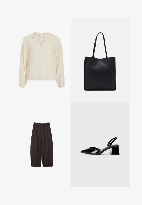 Bluzica v kremni barvi z V-izrezom, nabranim okovjem, dolgimi rokavi in čipkastimi detajli na ramenih. Narejena iz lahkotne, gladke tkanine.; Črne široke hlače iz gladkega materiala, z visokim pasom, zgornjimi pregibi in stranskimi žepi. Preprost dizajn brez okrasnih elementov.; Črne lakirane slingback pete s koničastim nosom in geometrijsko blokasto peto. Imajo eleganten, minimalističen dizajn in gladko teksturo.; Črna usnjena torba s svilnato teksturo, pravokotne oblike in dvema dolgima ročajema. Brez vidnih metalnih delov ali okrasnih elementov.