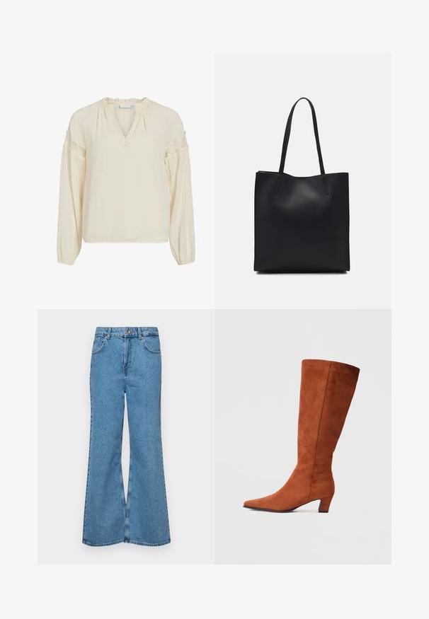 Kreminės spalvos bluzelė su V formos iškirpte, volanų detale aplink iškirptę, ilgomis rankovėmis ir nėrinių akcentais ant pečių. Pagaminta iš lengvos, glotnios medžiagos.; Šviesiai mėlynos flared džinsai, pagaminti iš džinsinio audinio, su aukštu liemeniu, penkiomis kišenėmis ir vienu mygtuko užsegimu. Minkštas paviršius su išblukusiu efektu.; Rudos zomšos aukštakulniai batai iki kelių su smailiu pirštu ir mažu blokiniu kulnu, pasižymintys lygiu paviršiumi ir minimalistišku dizainu.; Juodas odinis tote krepšys su lygia tekstūra, stačiakampio formos ir dviem ilgais rankenomis. Matomų metalinių detalių ar puošybos nėra.