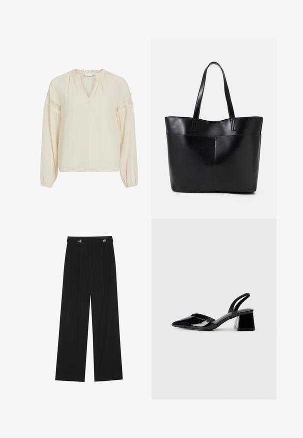 Krém színű blúz V-nyakkal, fodros nyakkivágással, hosszú ujjakkal és csipke díszítésekkel a vállakon. Könnyű, sima anyagból készült.; Fekete, bő szárú nadrág magas derékkal, gombos részletekkel a derékrészen és elülső pliszékkal.; Fekete lakk bőr szandálkés magas sarkú cipő, hegyes orral és geometrikus tömbsarkakkal. Karcsú, minimalista dizájn és sima textúra jellemzi.; Fekete bőr bevásárlótáska két hosszú fogantyúval, sima felülettel és strukturált formával. Elülső zseb található rajta a plusz tárolás érdekében.