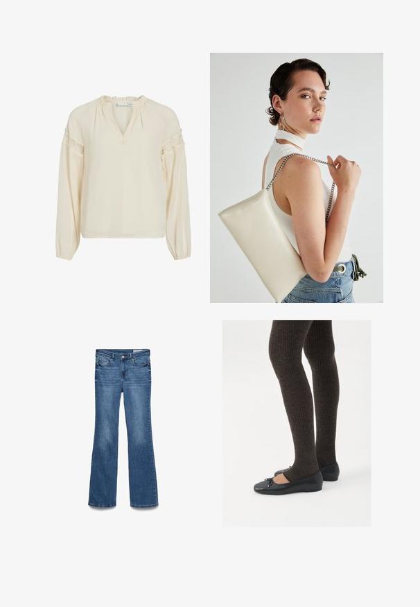 Blusa color crema con scollatura a V, collo arricciato, maniche lunghe e dettagli in pizzo sulle spalle. Realizzata in tessuto leggero e morbido.; Jeans a zampa d'elefante in denim blu con vita media, due tasche anteriori e cintura cucita. Texture morbida e design tradizionale a cinque tasche.; Scarpe nere a flat con un piccolo fiocco sulla punta, abbinate a collant a coste marrone scuro. Le scarpe hanno una texture liscia e un profilo basso.; Borsa a pochette rettangolare bianca realizzata in materiale lucido, con una tracolla in catena argentata. Il modello posa, mostrando la borsa su uno sfondo semplice.