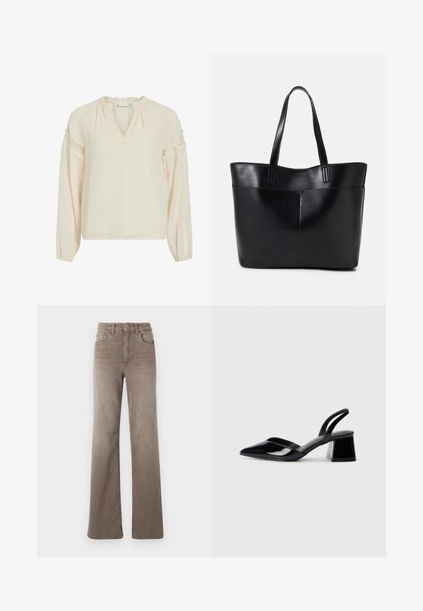 Kreemivärvi pluus V-dekoltee, volangidega kaelus, pikad varrukad ja pitsist detailid õlgadel. Valmistatud kergest, siledast kangast.; Pruunid kõrge vöökohtadega sirged teksad, millel on ees nupp, vöölõngad ja klassikaline viie tasku disain valgel taustal.; Mustad musta lakknahk kingad, millel on terav varvas ja geomeetriline plokkkonts. Omab elegantselt minimalistlikku disaini ja sujuvat tekstuuri.; Must mustaga musta nahast, millel on kaks pikka kanda, sile tekstuur ja struktureeritud kuju. Esipoolsel on lisakoti jaoks tasku.