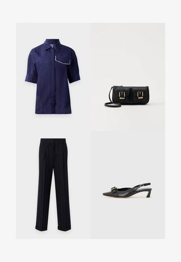 Cămașă marină cu mânecă scurtă, cu un model texturat, design cu guler și un buzunar cu margine albă pe partea stângă. Material ușor.; Pantaloni negri cu dungi, cu o croială adaptată, având o tivă cu manșetă și pliuri frontale. Construiți dintr-un material neted cu un design structurat.; Pantofii negri din piele cu toc mic, vârf ascuțit și detaliu decorativ cu cataramă pe partea superioară. Textură netedă, design minimal.; Geantă neagră din piele, tip crossbody, cu două buzunare frontale, catarame aurii, închidere cu fermoar și o curea subțire. Suprafață texturată și formă rectangulară compactă.