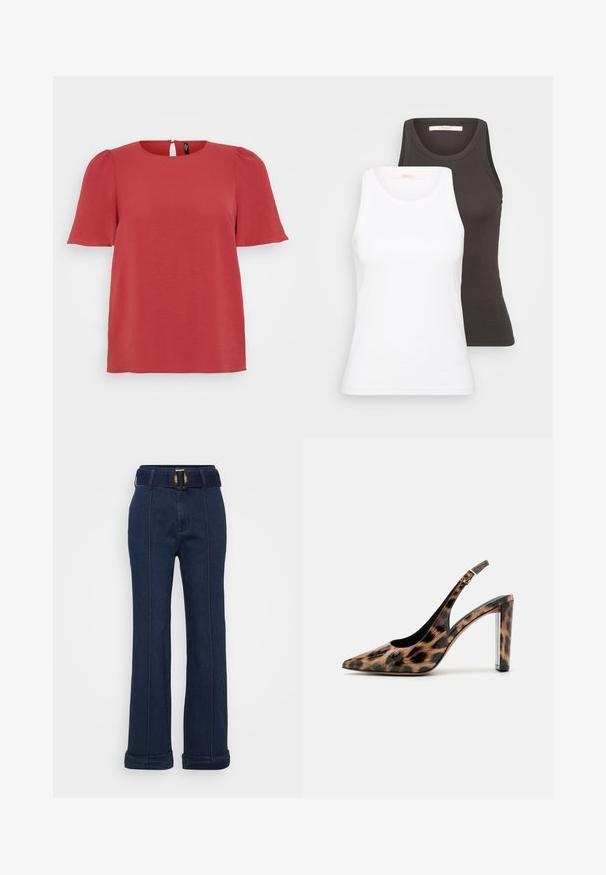 Rode korte mouw top met een ronde hals en keyhole detail op de achterkant. Heeft een textuurstof en een relaxte pasvorm, geschikt voor casual dragen.; Twee tanktops in wit en donkergrijs, met een ribbelstructuur, ronde halslijnen en mouwloos ontwerp. Labels zijn aan de binnenkant van de halslijn.; Donkerblauwe denim broek met een wijde pijpdesign, voorzien van een riem met een grote metalen gesp en zichtbare stiksels.; Leopardprint slingback pump met een spitse neus en een transparante blokhak. Gemaakt van glanzend materiaal met een gladde textuur.