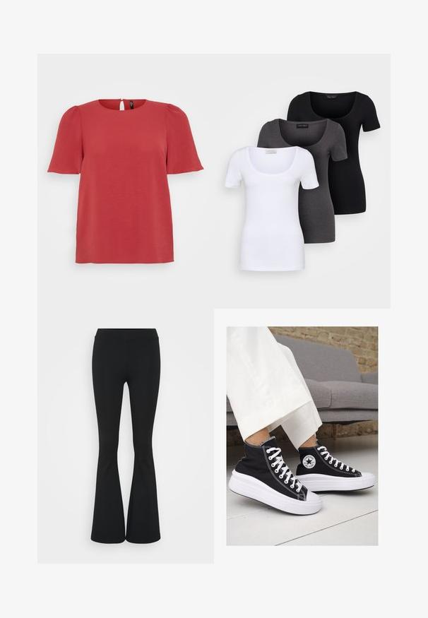 Rotes kurzärmliges Oberteil mit Rundhalsausschnitt und Schlüsselaugen-Last. Verfügt über einen strukturierten Stoff und eine lockere Passform, geeignet für lässige Anlässe.; Drei figurbetonte T-Shirts in Weiß, Grau und Schwarz. Jedes hat einen weiten Rundhalsausschnitt und kurze Ärmel. Hergestellt aus glattem, elastischem Stoff.; Schwarze, ausgestellte Hosen aus dehnbarem Material mit hohem Bund und glatter Textur. Die Hose weitet sich ab dem Knie.; Schwarze Canvas-Hochtop-Sneakers mit weißen Gummisohlen und Schnürsenkeln. Mit einem runden Logo an der Seite und kontrastierendem weißen Nähten.