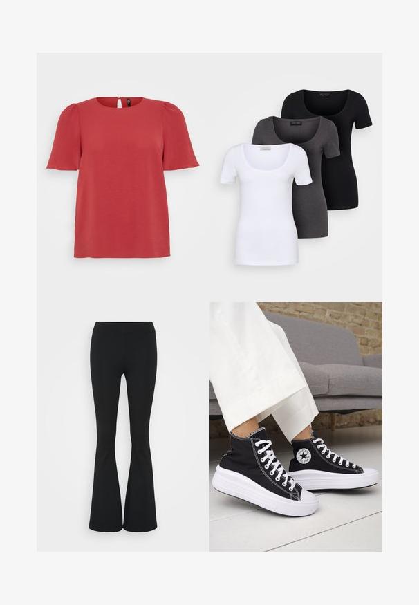 Haut rouge à manches courtes avec un col rond et un dos à détail de trou de serrure. Il présente un tissu texturé et une coupe décontractée, idéale pour une tenue décontractée.; Trois T-shirts ajustés en blanc, gris et noir. Chacun présente un décolleté large et des manches courtes. Fabriqués en tissu lisse et extensible.; Pantalon évasé noir en tissu extensible, présentant une taille haute et une texture lisse. Le pantalon s'élargit à partir du genou.; Baskets montantes noires avec semelles et lacets en caoutchouc blanc. Dotées d'un patch logo rond et de surpiqûres blanches contrastantes. Matière en toile.