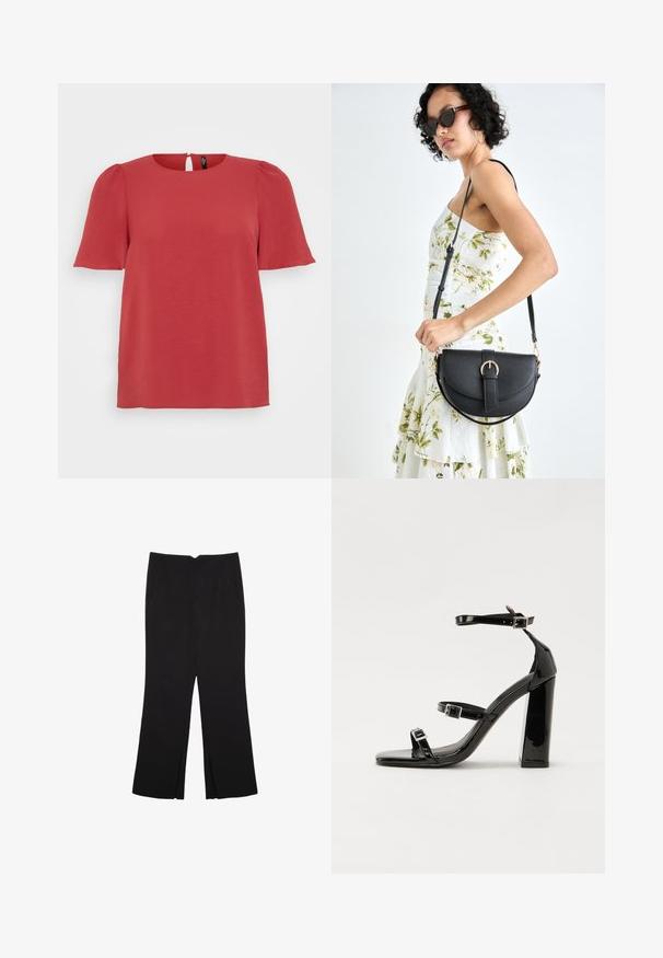 Rød kortærmet top med rund hals og nøglehul detail på ryggen. Har en struktureret stof og en afslappet pasform, der er velegnet til hverdag.; Sorte bukser med lige pasform, der har frontlommer og slidser i kanten. Lavet af blødt, glat stof. Velegnet til forskellige anledninger.; Sorte patenterede hælsandaler med firkantet tå, ankelremme og sølvspænder. Har en chunky blokHæl for stabilitet.; Sort læderhåndtaske med en buet form, aftagelig rem og guldfinish. Tasken har en klap med en spænde detalje.